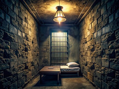 A dimly lit, narrow prison cell with cold stone walls, metal bars, and a single, flickering light bulb