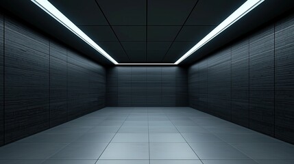 Empty, dark room with tiled floor and bright, white ceiling lights.