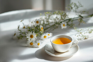 a cup of camomile tea with flowers around