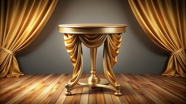 Elegant podium draped with luxurious golden silk fabric, ornate wooden legs, and a polished wooden top, evoking a sense of high-end awards and recognition events.
