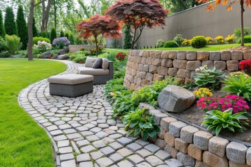 Landscape design. Impressive backyard landscape design with cozy patio area