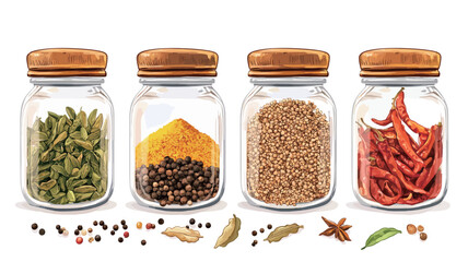 Set of spices in glass jars isolated on white background. Vector illustration..