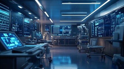 A futuristic smart home interior featuring AI-augmented reality interfaces, with holographic displays showing various smart home components. The minimalist design uses a minimal color palette ...