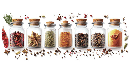 Herbs and spices in glass bottles on white background, top view