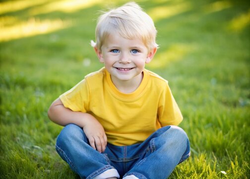 Adorable blond-haired young boy with bright blue eyes and a beaming smile, wearing a yellow t-shirt and jeans,