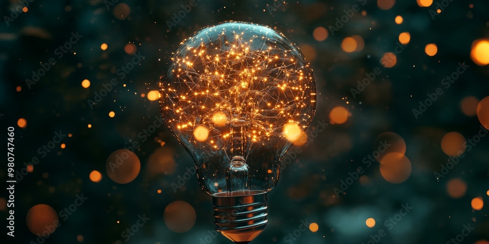 Poster a glowing light bulb with a bokeh background.