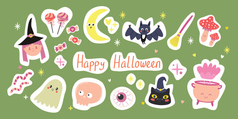 Halloween cute elements set for stickers. Pumpkins, scary black cat, skull, witch, ghost. Vector illustration in flat style