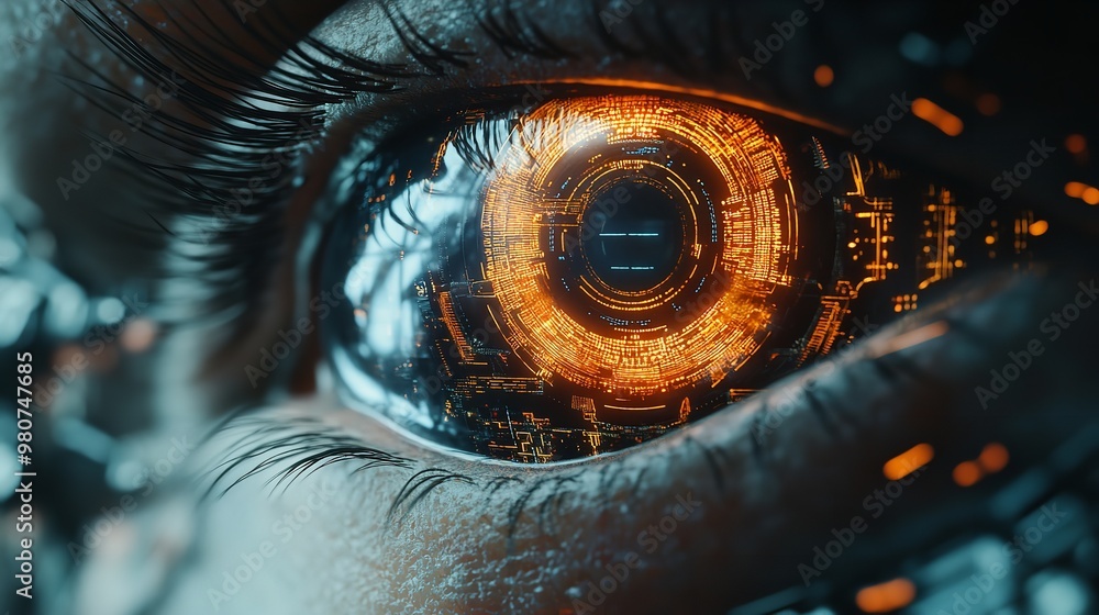 Poster a closeup of an eye with the iris showing digital circuitry, symbolizing vision and ai integration i