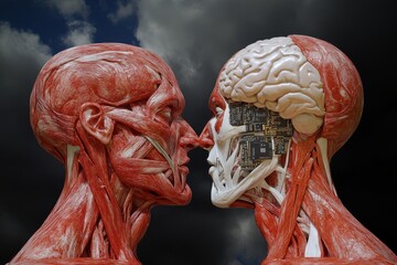 Anatomical illustration of two human figures with exposed brains symbolizing the connection between biological neural systems and artificial intelligence