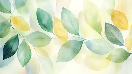 A soft watercolor illustration of green and yellow leaves, creating a serene and elegant background for various design needs.