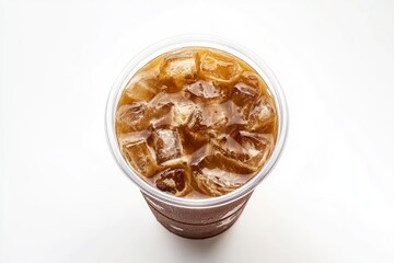 Takeaway plastic cup with iced cold coffee drink isolated on white background, Top view , ai