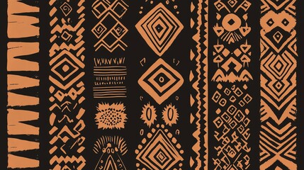 Abstract ethnic pattern featuring geometric designs in orange and black, ideal for textile and graphic design projects.