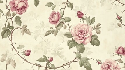 Beautiful vintage floral wallpaper featuring delicate pink roses and green leaves on a soft cream background.