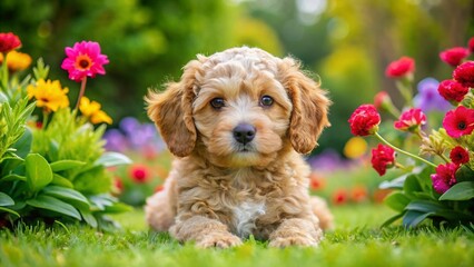 Adorable curly-coated cockapoo puppy with big brown eyes and floppy ears plays on green grass, surrounded by vibrant