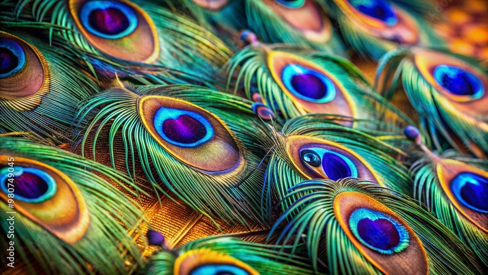 Poster vibrant macro close-up of colorful peacock feathers showcasing intricate texture and patterns, with 