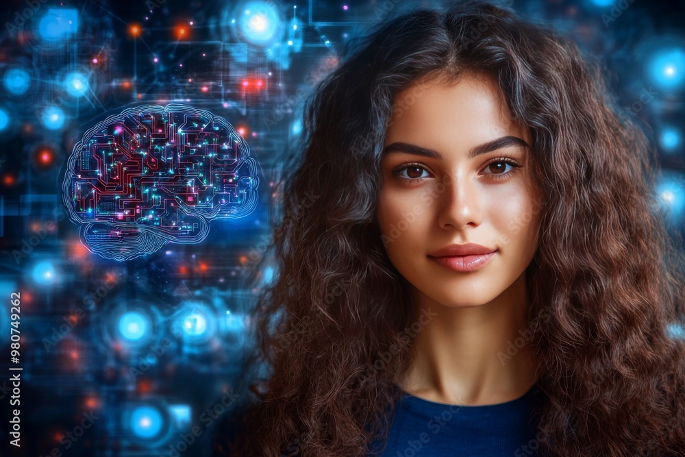 Poster young woman in front of a digital neural network symbolizing the interaction between human cognition