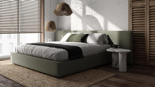 Modern minimalist bedroom featuring green accents along with soft natural textures. High quality 4k footage video