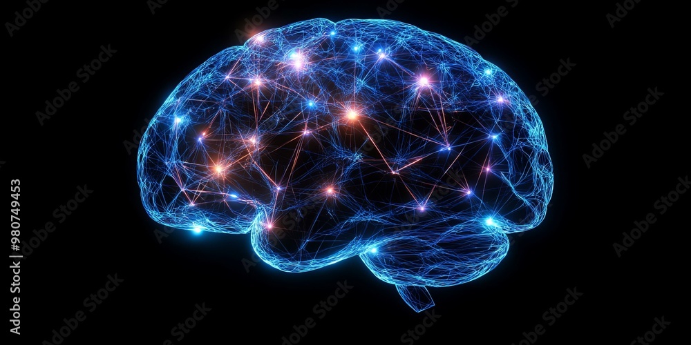 Poster glowing brain with neural network connections.