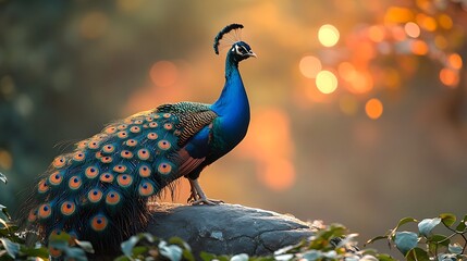 A majestic peacock stands on a rock with its feathers spread wide