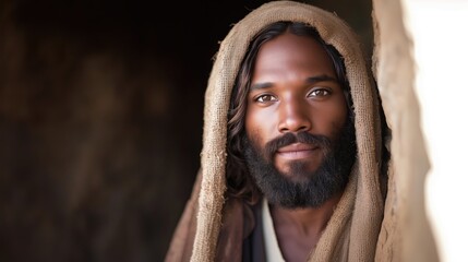Thoughtful Jesus Christ with long beard and headscarf looking ahead