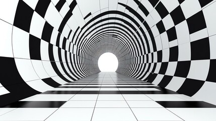 A mesmerizing tunnel with alternating black and white checkered patterns, leading towards a bright, glowing end.