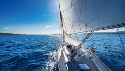 Fototapeta premium sailing yacht gliding over deep blue waters under bright sunlight