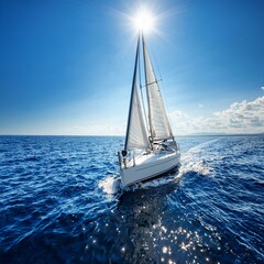 Fototapeta premium sailing yacht gliding over deep blue waters under bright sunlight