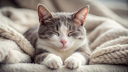 Adorable grey and white domestic cat lying on a soft blanket, paws curled up, eyes closed, and a