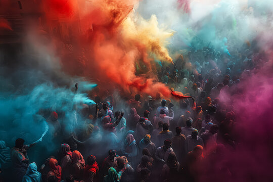 A group of people are dancing in the street with colorful powder. Scene is lively and festive. Indian holiday Holi