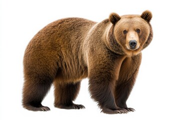 Fototapeta premium In a tranquil setting, a solitary bear stands confidently, showcasing its powerful build and striking fur. The creature exudes a sense of calmness and strength, embodying the wild spirit of nature.