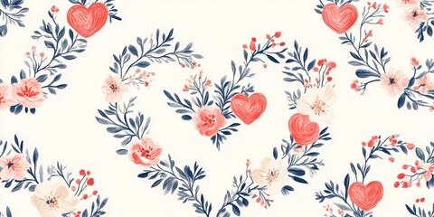 Obraz premium Floral pattern with red hearts on white background.