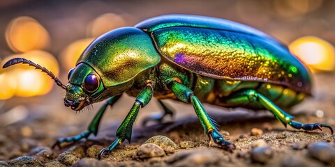 Fototapeta premium Vibrant close-up of a shiny beetle on the ground, showcasing intricate details of its iridescent body, texture, and microscopic patterns in stunning natural light.