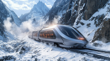 Innovative Snow Train Racing Across Icy Mountains - made with Generative AI