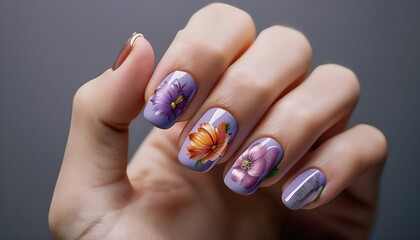 Fototapeta premium Photograph of well-manicured hands with intricate floral nail art. Suitable for chic nail painting.