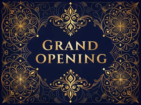 Luxurious navy and gold flyer design features elegant abstract patterns, sophisticated typography, and regal accents, perfect for grand opening announcements and exclusive events.