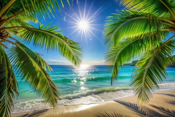 Obraz premium Vibrant tropical beach scene with shimmering sunlight, swaying palm leaves, and turquoise waters, capturing serene summer vacation ambiance and calming seaside tranquility.