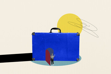 Composite photo collage of anonym girl knock door suitcase home imitation relocation concept...
