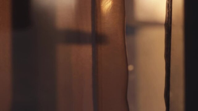 Transparent tulle at sunset close up. Cozy home background