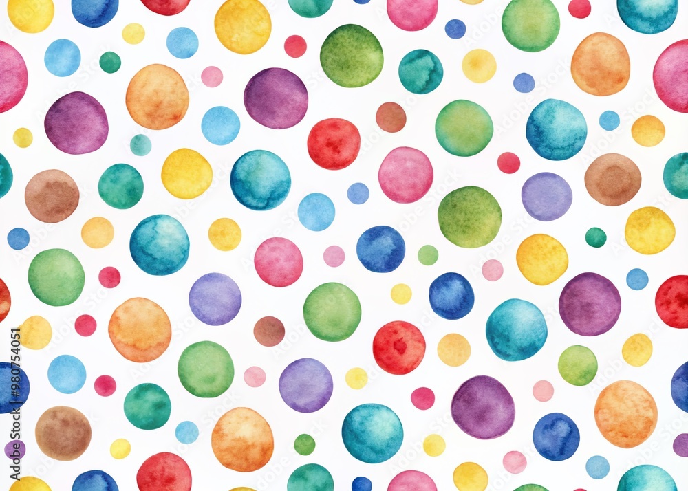 Poster vibrant watercolor polka dots in assorted colors scattered randomly on a crisp white background, cre