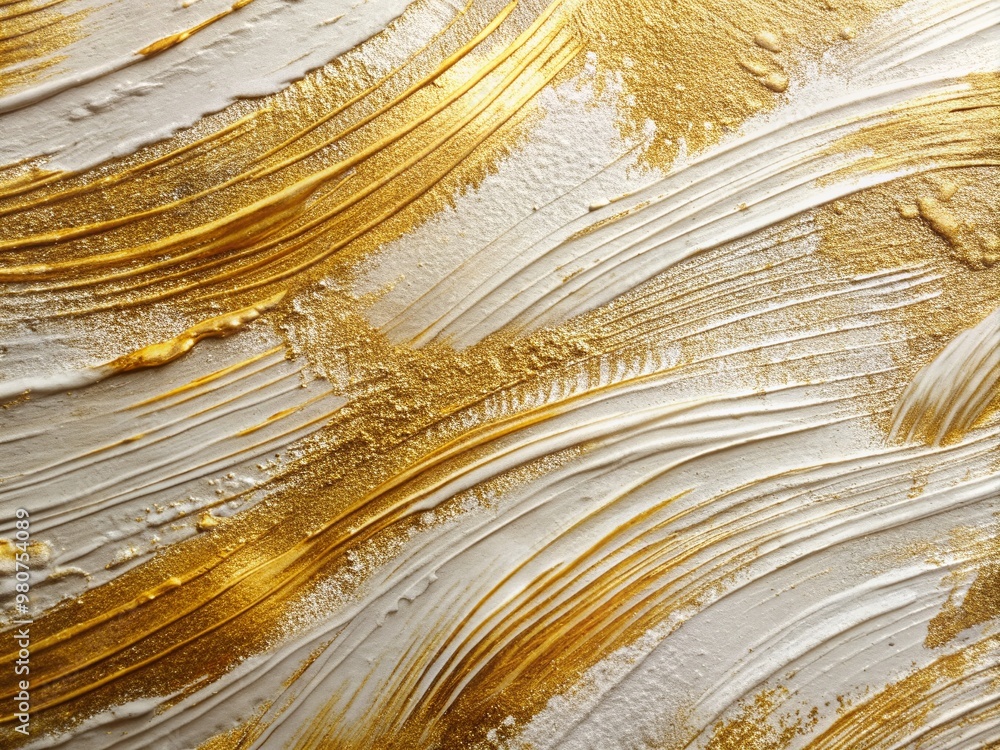 Poster vibrant metallic gold paint streaks across a textured white surface, creating an abstract, modern de