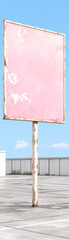 Fototapeta premium A pink sign is on a pole in a parking lot. The sign is old and rusted, and it is the only thing in the scene