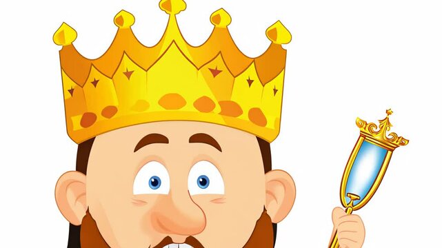 Cartoon king character with a golden crown and scepter, cheerful expression on a white background.