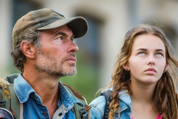 Skilled middle aged male instructor in a cap explaining the golf fundamentals to a female beginner