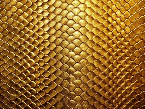 Luxurious gold snakeskin patterned leather texture with intricate scales, high shine finish, and empty background, ideal for design and creative projects.