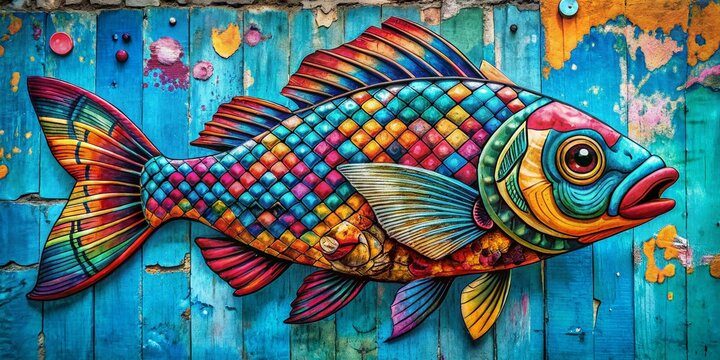 Vibrant street art depicts a colorful fish blending graffiti style with rustic charm on a bright blue background, exuding urban creativity and playful whimsy.