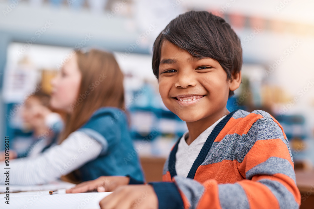 Aufkleber Portrait, smile and boy in class for lesson in growth, child development and notebook for education. Happy, learning and face of student with exam notes, knowledge and study at elementary school
