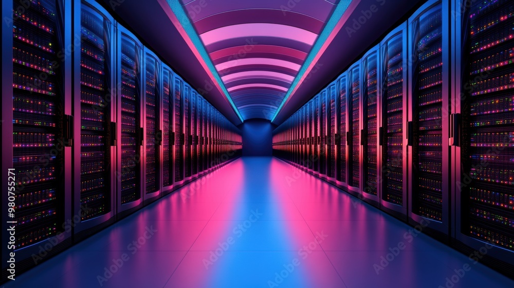 Poster a vast data center with rows of servers, showcasing the massive scale of global data storage and con