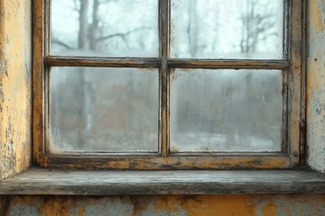 Aged window pane with mold growth, showcasing a dreary, cold winter scene