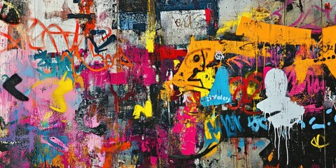 A vibrant abstract graffiti mural filled with colorful patterns and expressive designs.