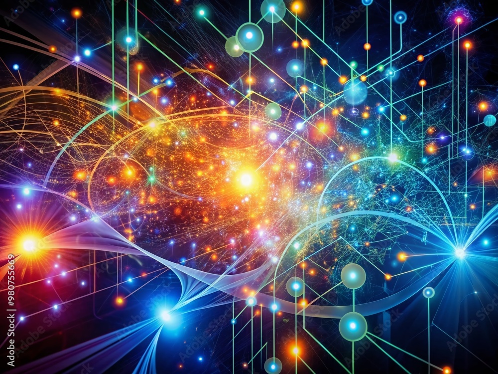 Poster vibrant futuristic abstract background featuring interconnected nodes, glowing circuits, and swirlin